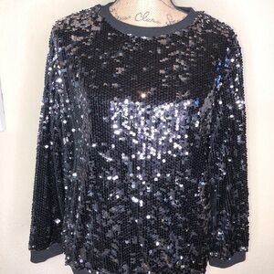 L&B Black & Silver Solid Sequins on a Solid Black Long Sleeve Top Size Small